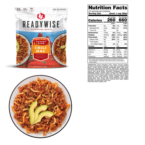 Image of ReadyWise Desert High Chili Mac With Beef 2.5 Servings Meat & Pasta - 6 Per Case